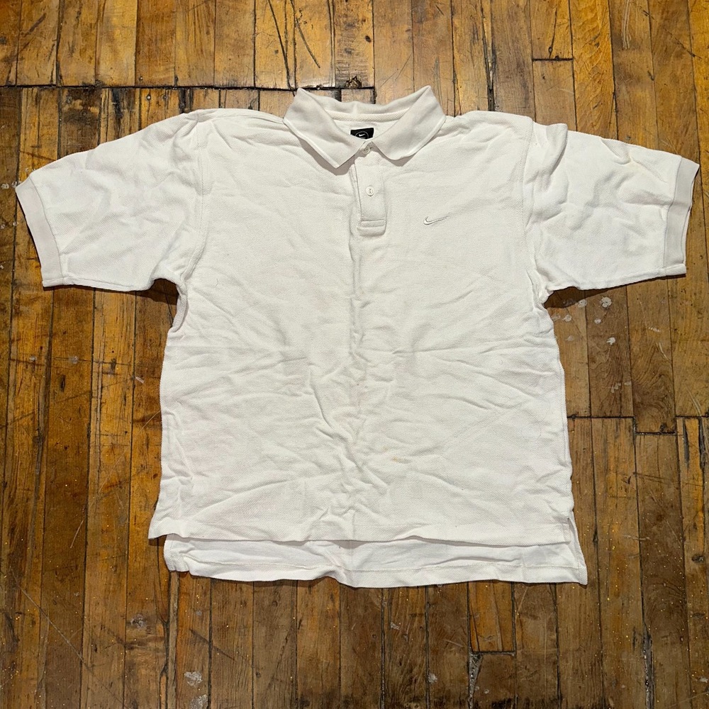 Nike Polo Shirt Men's Medium Beige High Low Swoosh Logo Short Sleeve Performance